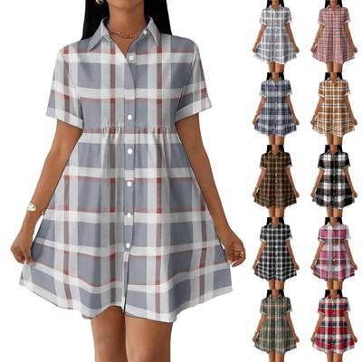 Women’s Casual Loose Fit Shirt Dress Button Front Stand Collar Plaid Pattern Short Sleeve Relaxed Tunic Dress for Daily Wear
