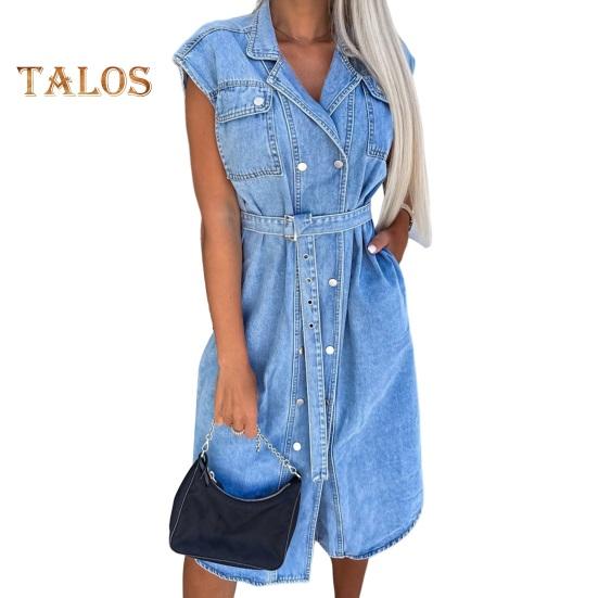 

Женское джинсовое платье-рубашка без рукавов с пуговицами на лацканах, джинсовое платье, повседневное летнее платье А-силуэта с завязкой на талии для работы, офиса, вечеринки XL светло-синий