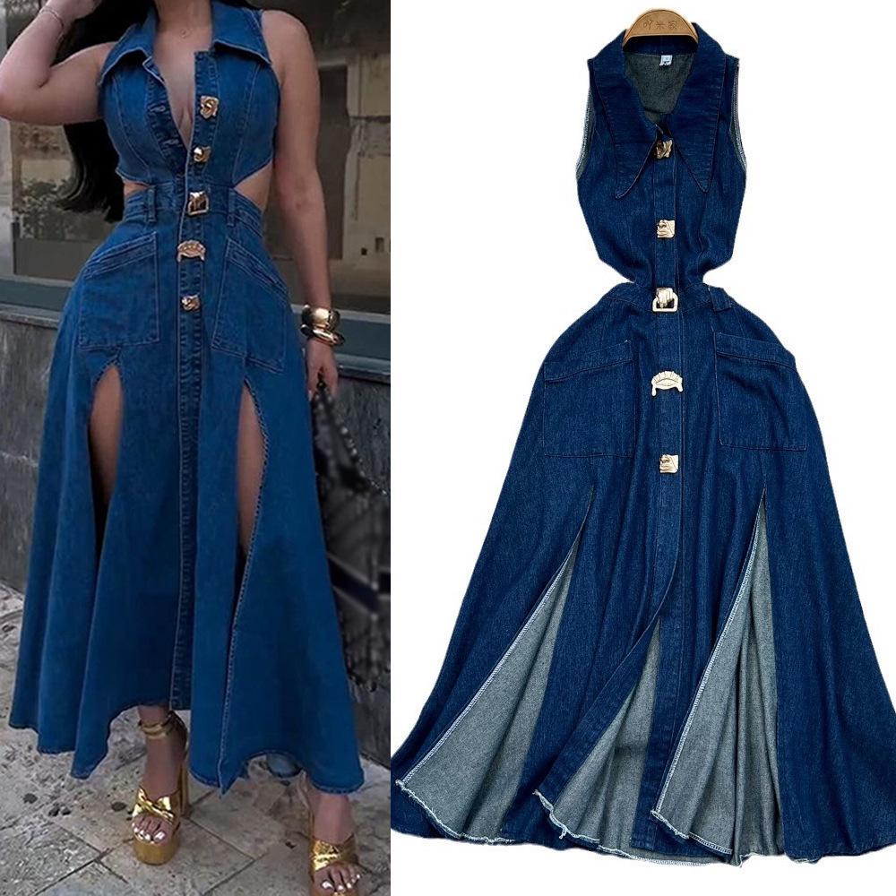 Retro Sleeveless A-Line Denim Dress with Turn-Down Collar and Cutout Waist