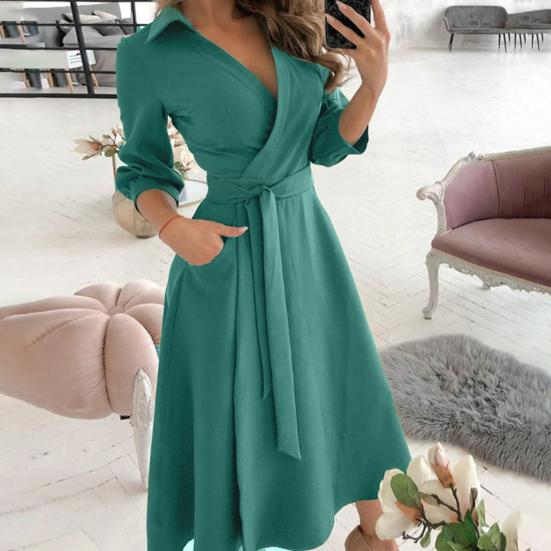 Kadın Elbise Uzun Kollu Geniş Etek Derin V Yaka Düz Renk Baskılı Kemerli Elbise İlkbahar/Yaz için Sokak Giyimi