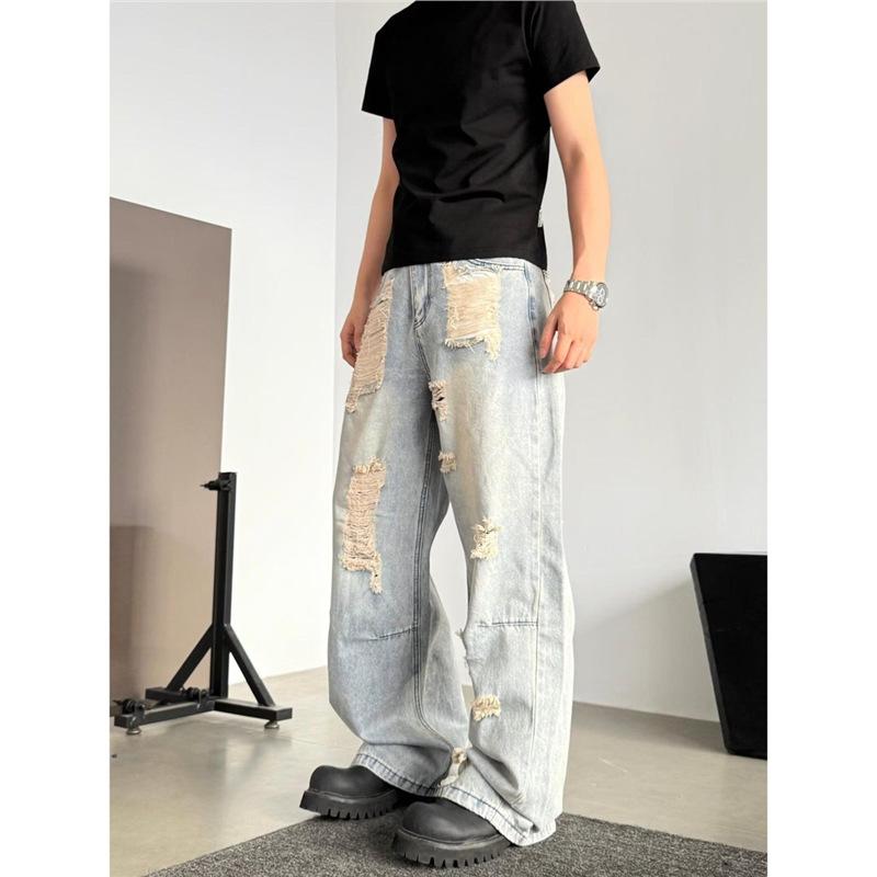American retro street ripped jeans men's and women's loose casual and versatile design sense niche straight wide-leg pants