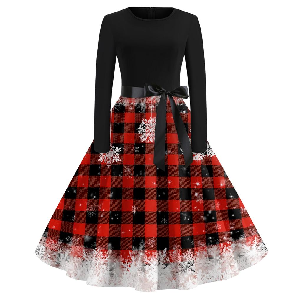 Women's Vintage Christmas Print Long Sleeve Round Neck Party Dress for Holiday Parties