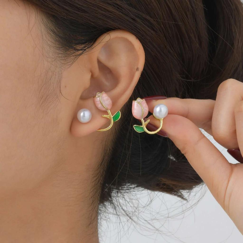Prjewel Hellrosa Tulpenperlen Ohrstecker Exquisiter Vergoldeter Ohrring für Damen Romantischer Statement-Schmuck Mädchengeschenk