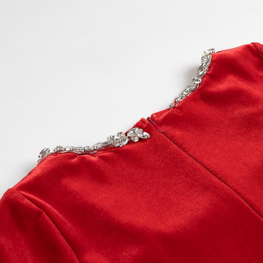 Women's Elegant Beaded Velvet Square Neck Rhinestone Long Sleeve Dress – Winter Formal/ New Year’s Dress
