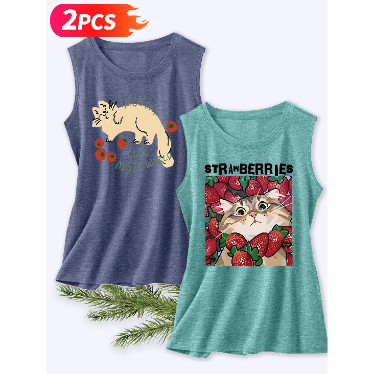 Follow a Specific Direction Two-piece Women's Vest Set Funny Cat Doodle Print Elegant Summer Party Outfits Sleeveless Vest Essential Fashion Items