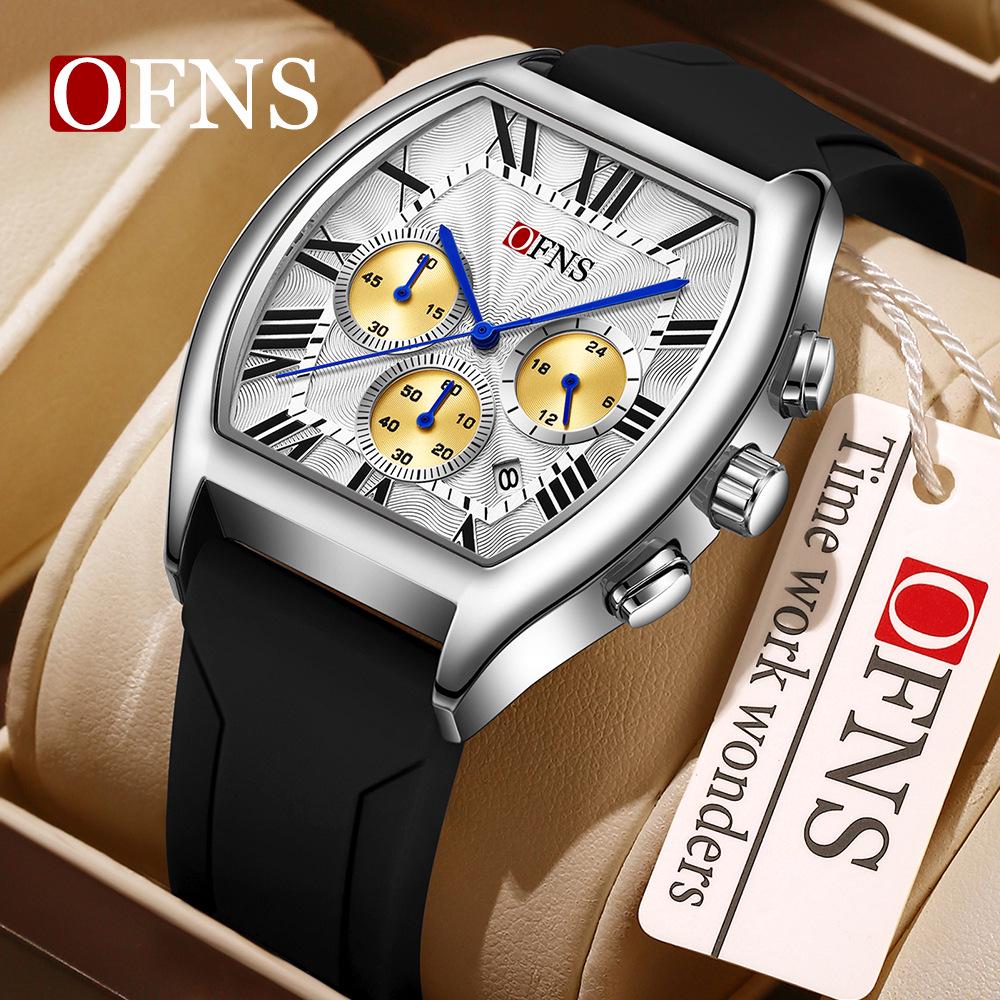 European Retro Men's Waterproof Roman Chronograph Wristwatch, Barrel Shape, with Calendar and Six-Hand Quartz Movement, Model 1644
