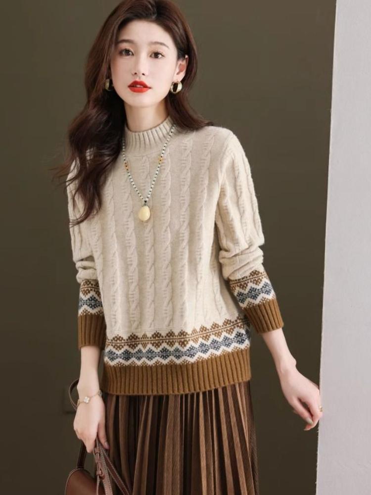 Geometric Pattern Mock Neck Sweater, Casual Long Sleeve Sweater for Fall & Winter, Women's Clothing