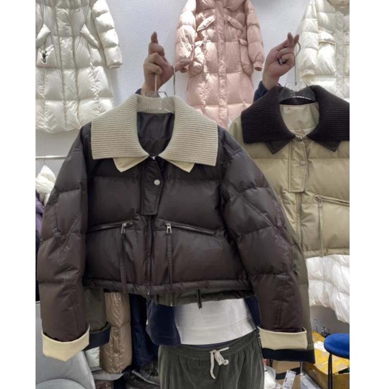 Autumn and Winter European Knitted Lapel Short Down Jacket Women's Short Loose Protein Leather Splicing White Duck Down Jacket
