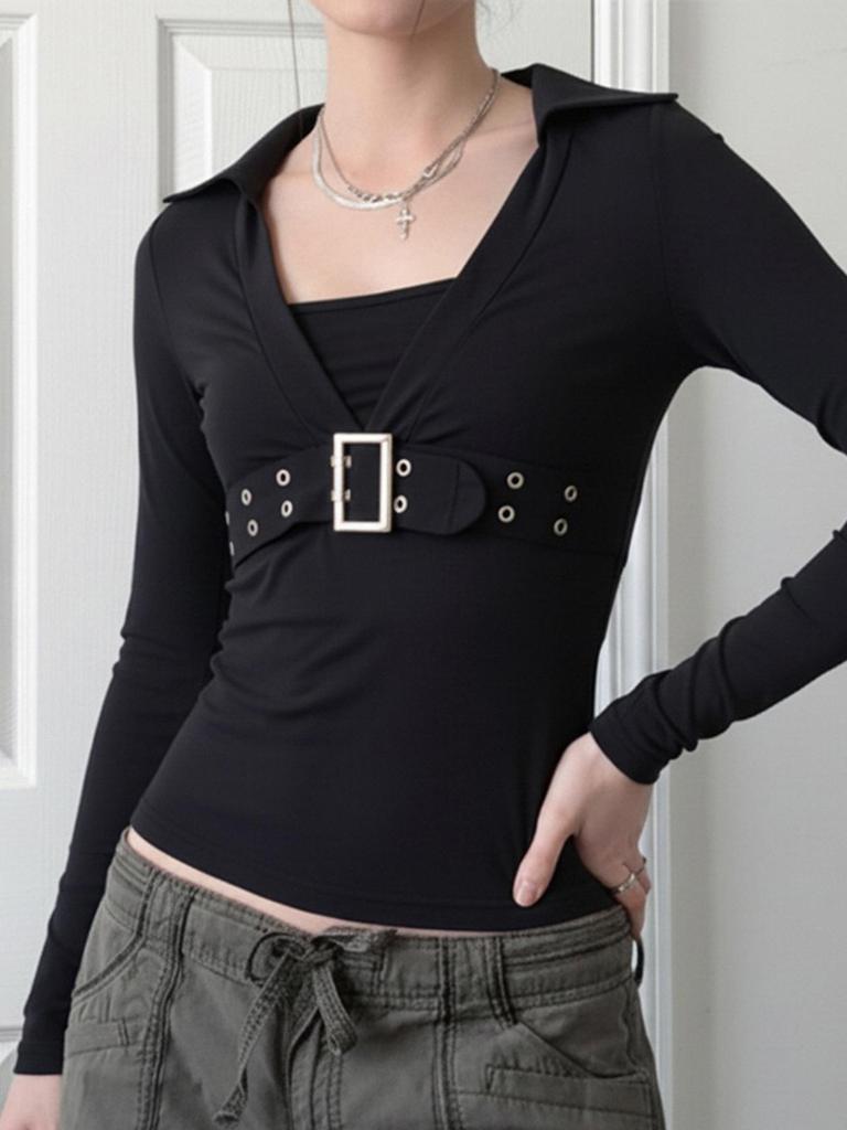 European-American Street Style Metal Buckle Solid Long Sleeve Slimming T-shirt