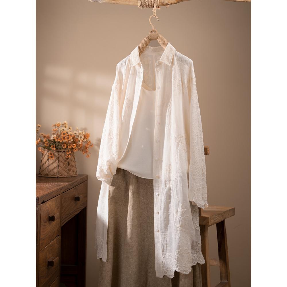 DIMANAF 2025 Spring Linen Blouse Shirt Long Sleeve Cardigan Women Blouse Fashion Long Lace White Floral Tops Loose New