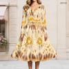 Women Plus Size V Neck Long Sleeve Printed A Line Flared Midi Dress With Belt