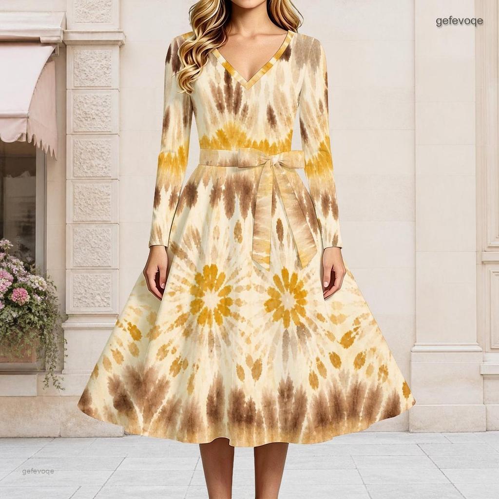 Women Plus Size V Neck Long Sleeve Printed A Line Flared Midi Dress With Belt