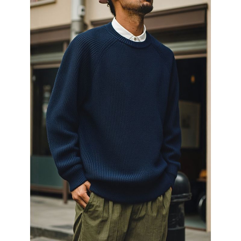 American Retro Heavyweight Pure Cotton Thick Waffle Knit Sweater for Men, Winter Base Layer, Export Men's Round Neck Knitwear