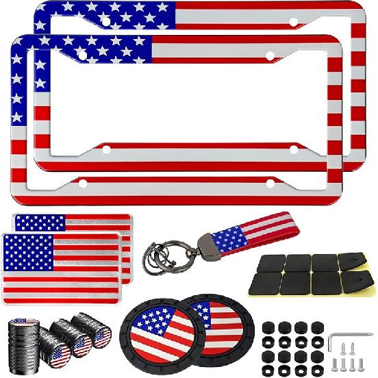 American Flag License Plate Frames Holder - 2 Pack Stainless Steel Rustproof USA Patriotic Car Tag Cover Holder With Free Screws Accessories + Metal