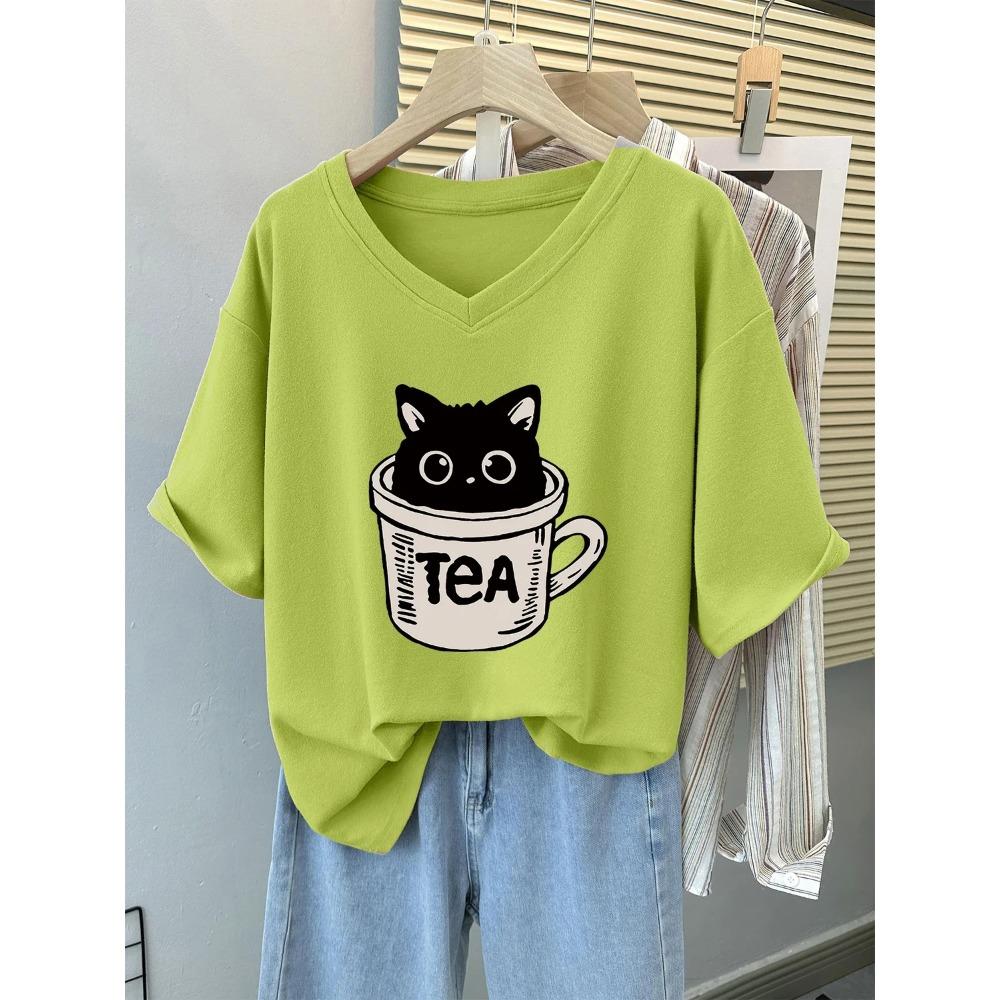 Plus Size 6XL 150KG Summer Cat Print Women's T-shirt Short Sleeve V Neck Lady Tops Big Large Size T Shirt Woman Clothing