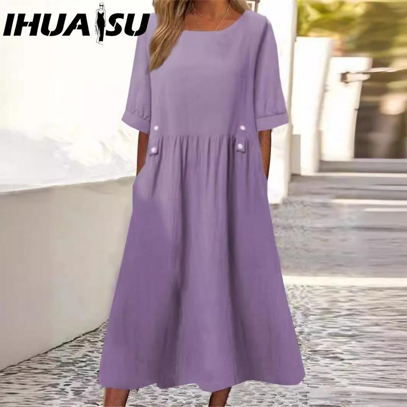 

IHUASU Жіноча вільна сукня міді з подвійними кишенями, оздоблення ґудзиками, круглий виріз, короткий рукав, літній бохо, робочий одяг XXXL фіолетовий