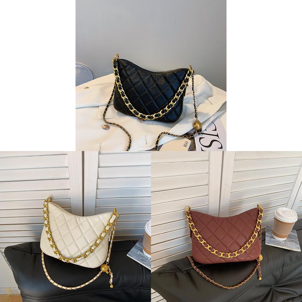 Medium-sized Pu Shoulder Bag With Chain Strap For Daily Wear Black Ivory Brick Red