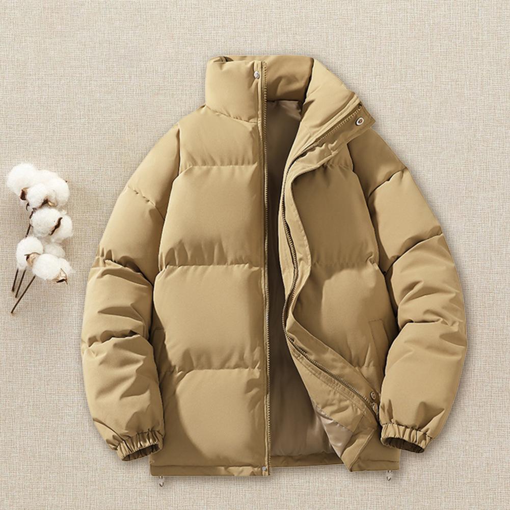 Men Autumn Cotton Coat High Collar Long Sleeve Zipper Closure Wind Shield Coat with Pockets Zipper Placket Elastic Hem One Tone