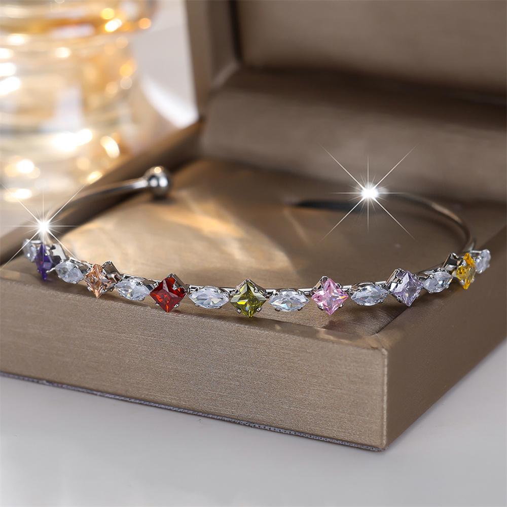 Multicolor Crystal Rainbow Zircon Open Adjustable Bangles Bracelets For Women Vintage Gold Silver Color Geometric Stone Bracelet