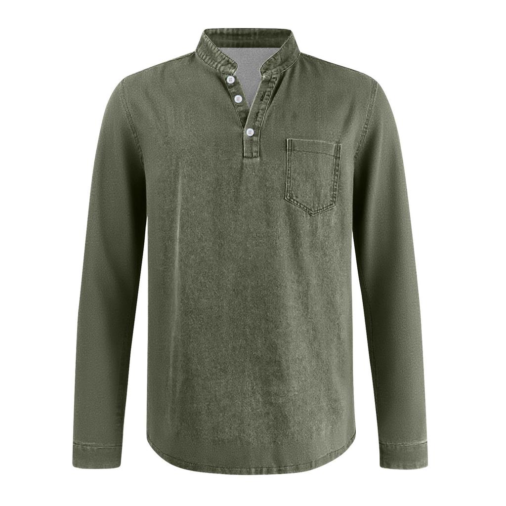 Men's Solid Color Washed Sports Button Pocket Stand Collar Long Sleeve Top