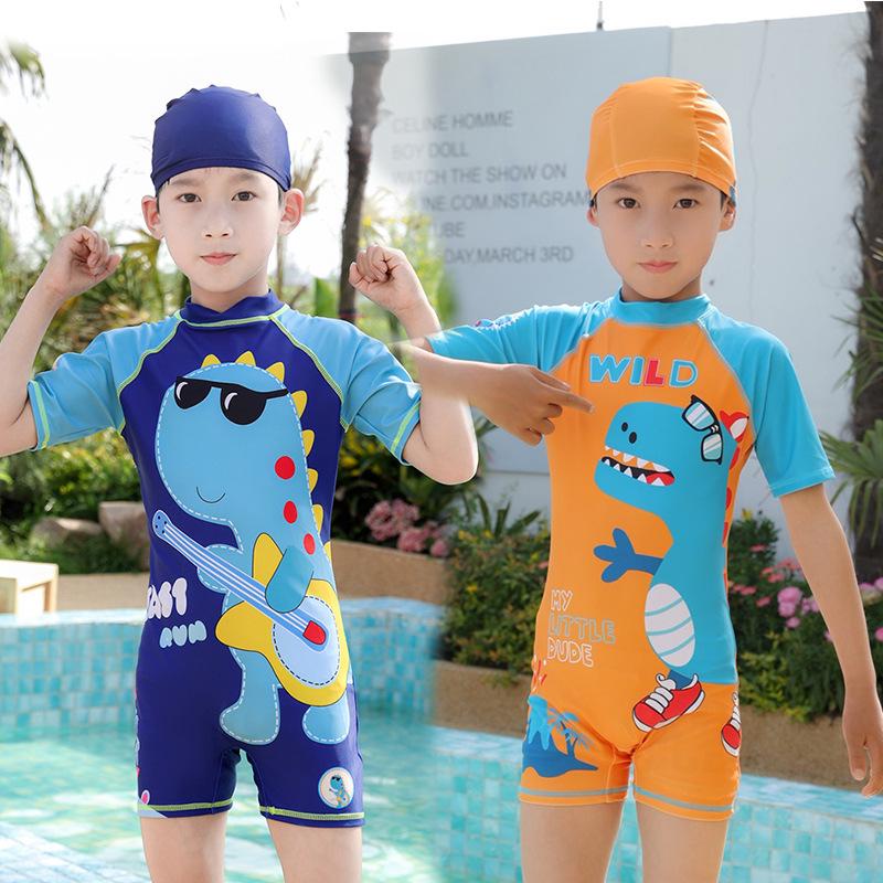 Children's Boys' One-Piece Short-Sleeve Swimsuit: Medium & Large, Quick-Dry, UV Protection