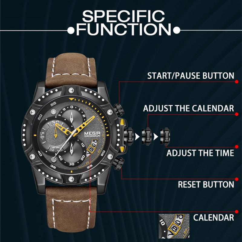 MEGIR 2130 Men Watches Luxury Brand Quartz Wristwatch Waterproof Leather Sports Watch Casual Chronograph Watches Reloj Hombre