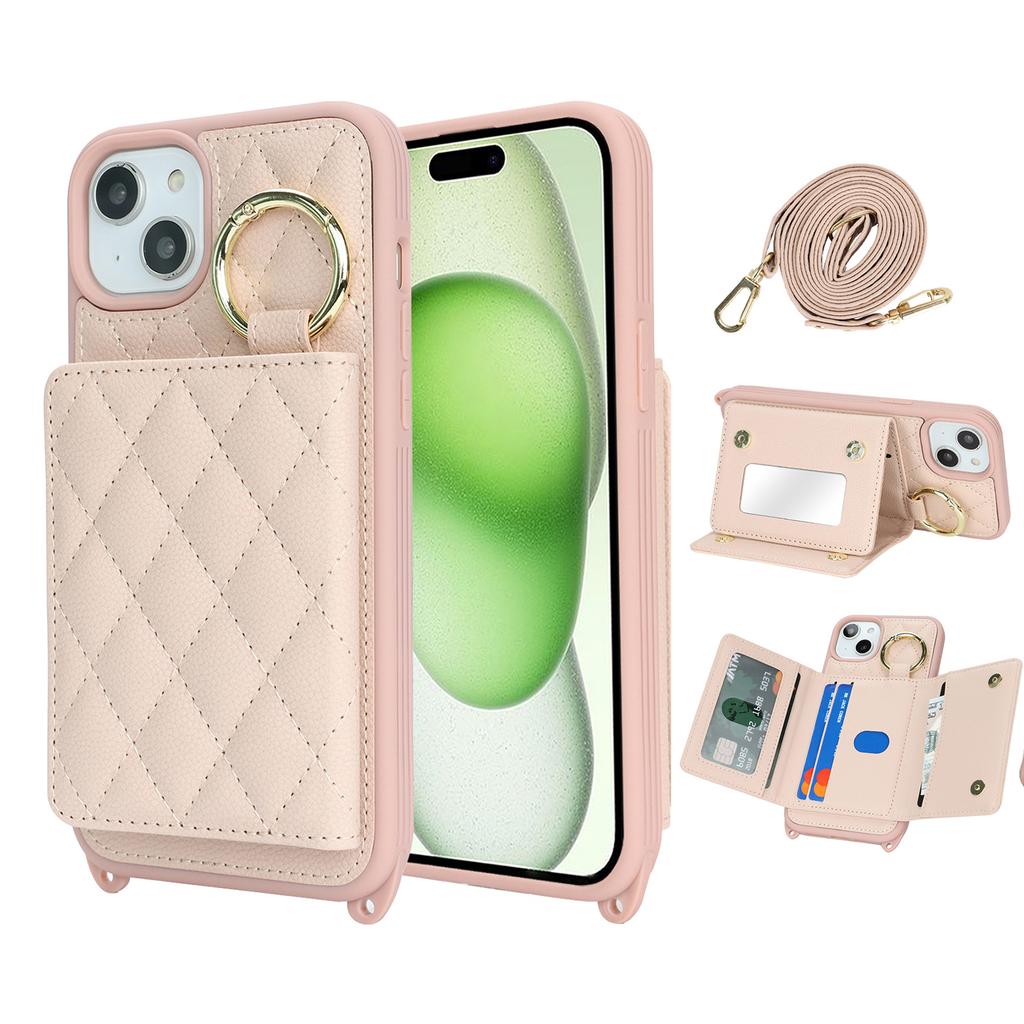 For iPhone 15 Plus/14 Plus Case with Lanyard/Mirror/Card Holder Grids Pattern RFID Blocking Phone Cover