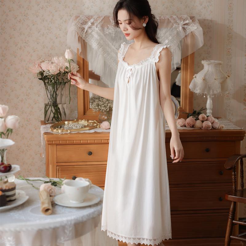 Girls Strappy Summer Nightgown - Loose French Princess Style Pajamas Medium белый
