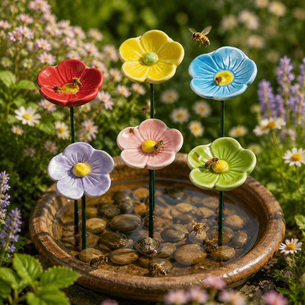 3pcs Colorful Bee Butterfly Water Dispenser Ceramic Bee Watering Station Artificial Flower Office