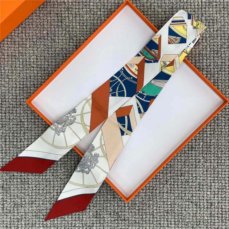 POBING Wheel Print 18m/m Twill Silk Scarves Women Luxury Brand Scarf Bag Ribbons Tie Head Scarf Small Long Skinny Scarf 86*5CM