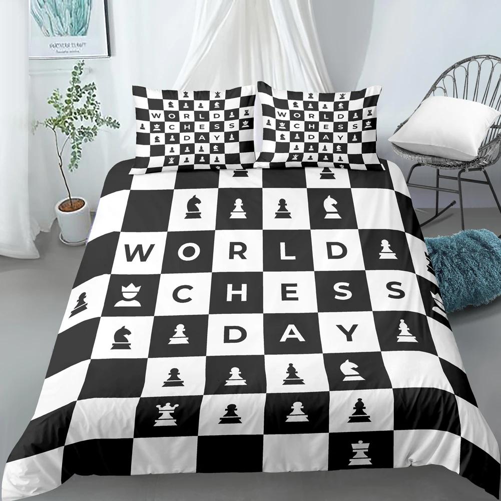 Chess Board Duvet Cover Set 3D Print International Chess Black White Comforter Cover For Boys Girls Polyester Bedding Set