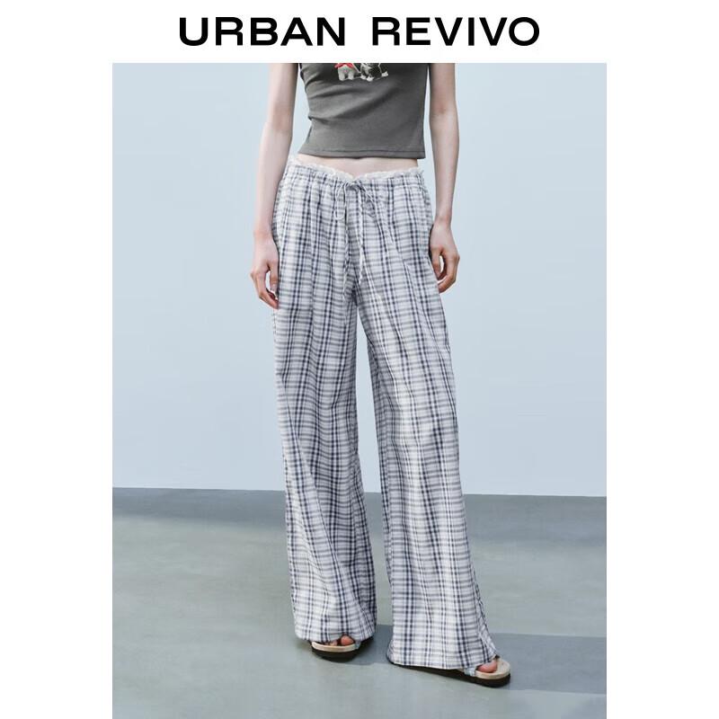 UR 2025 Color-block Plaid Lace Drawstring Wide-leg Pants L