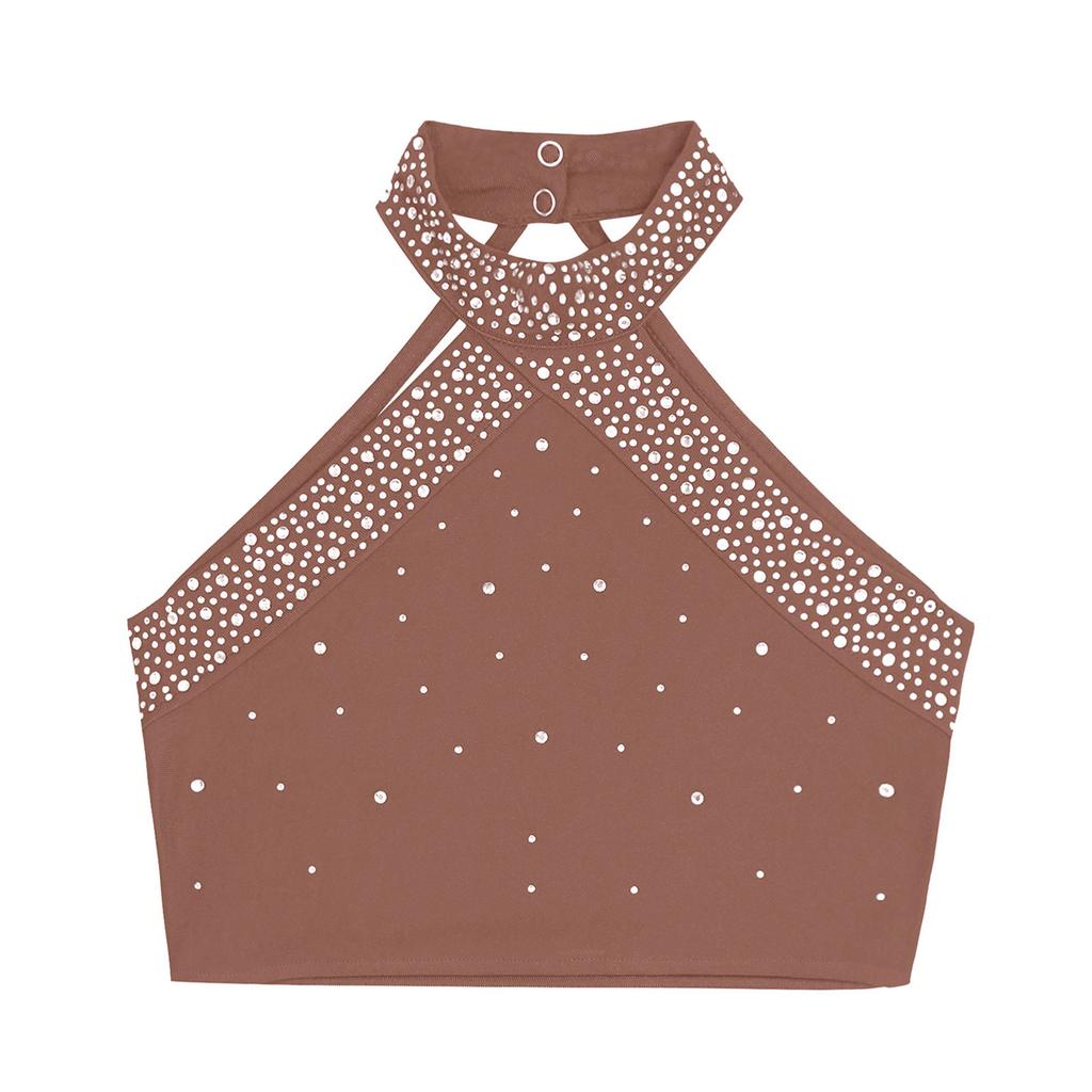 Mädchen Halter Neck Tanz Top Glitzernde Strasssteine Weste Ärmellos Rückenfrei Kreuzrücken Design Bühnen Top