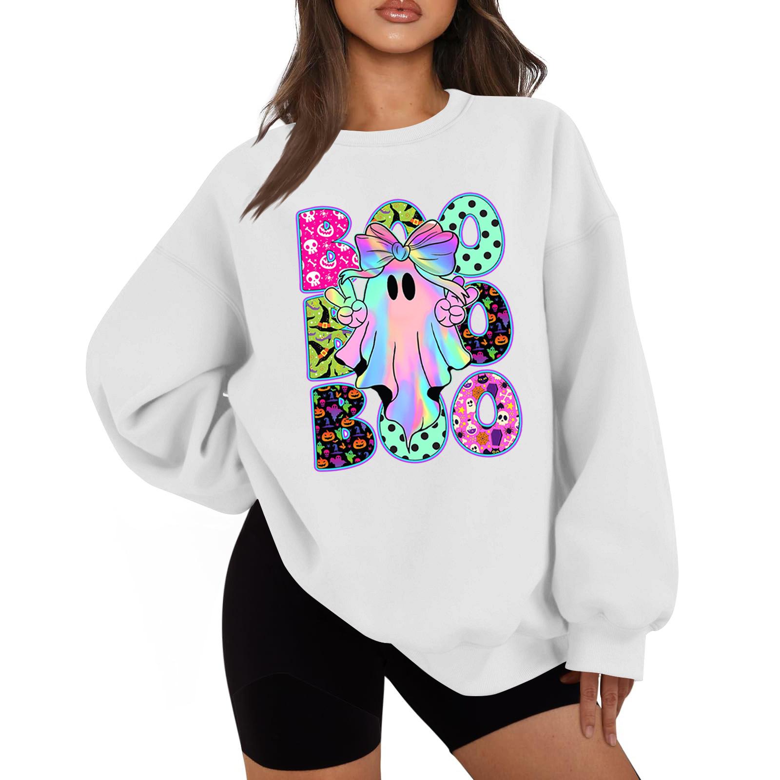 

Женская мода повседневная блузка с длинным рукавом и принтом на Хэллоуин с круглым вырезом M белый