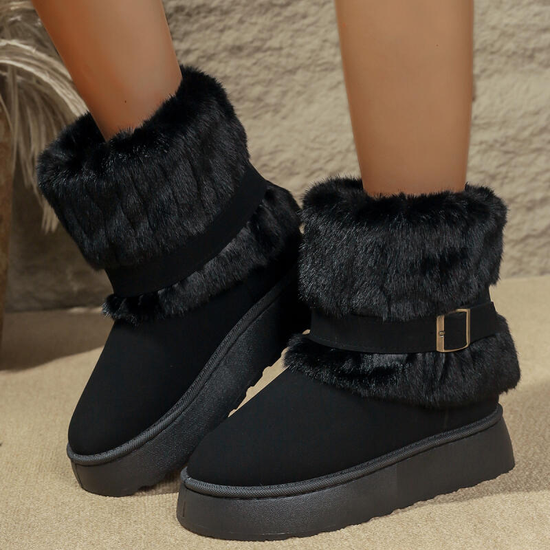 Fashion 2025 Winter Faux Fur thick bottom Women's Snow Boots Metal Belt Buckle Ankle Boots with Platform Fluffy Furry Shoes for Woman