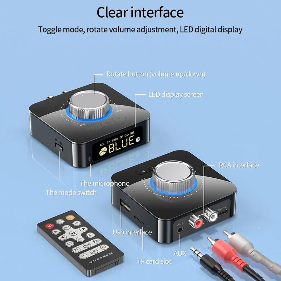 M5 LED Display Bluetooth Audio Transmitter Receiver 3.5mm AUX R/L RCA TF/U-Disk Jack Stereo Wireless Adapter IR Control With Mic