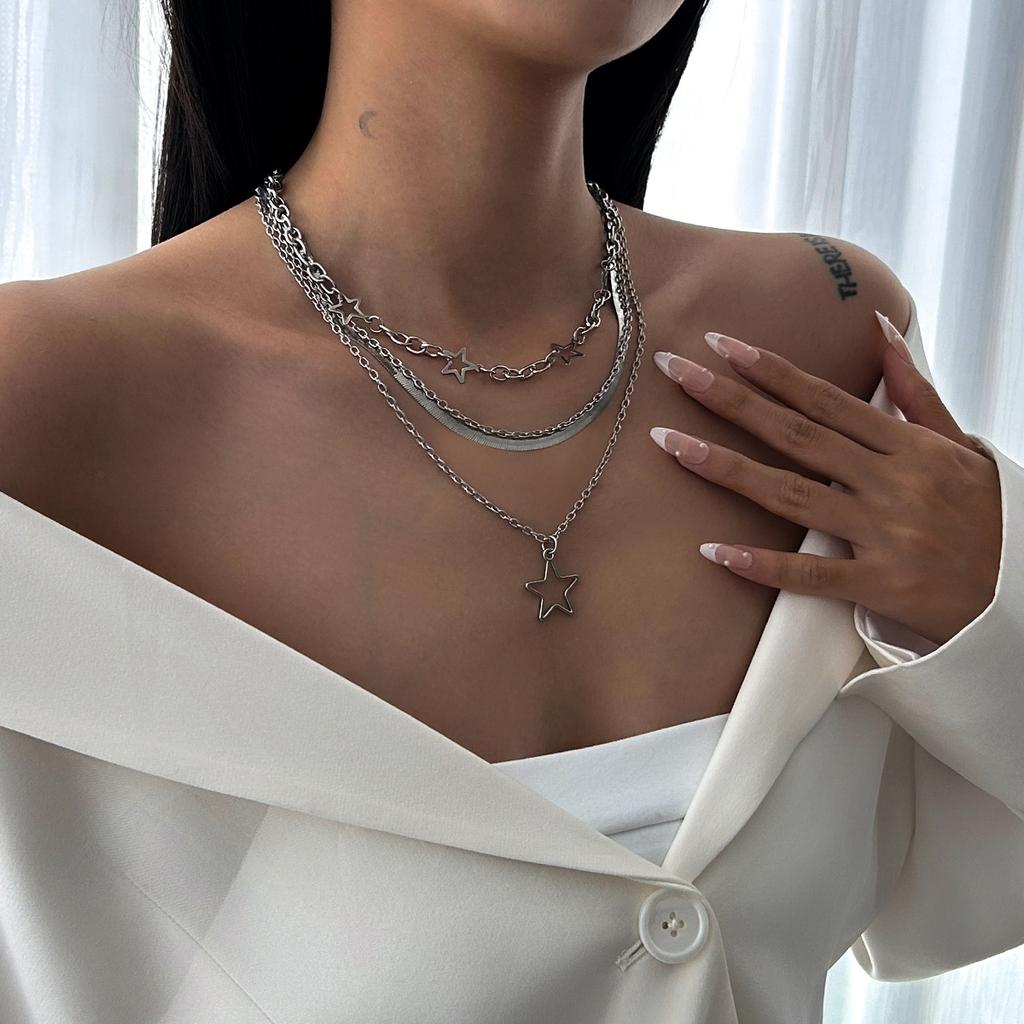 Simple Star Pendant Snake Bone Chain Necklace, Stacked Geometric Metal Chain Necklace