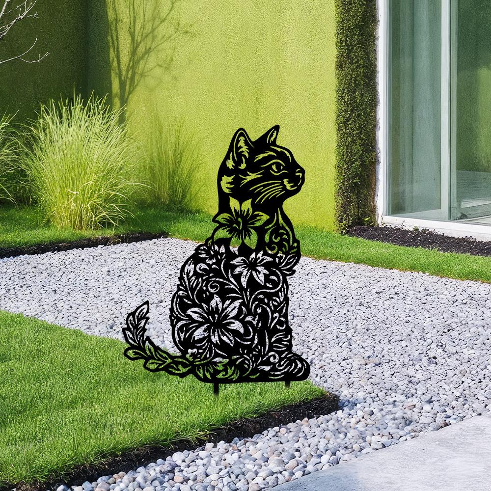 2D Iron Garden Art Metal Flower Cat Stake Outdoor Patio Lawn Decor Christmas Gift for Cat Lovers