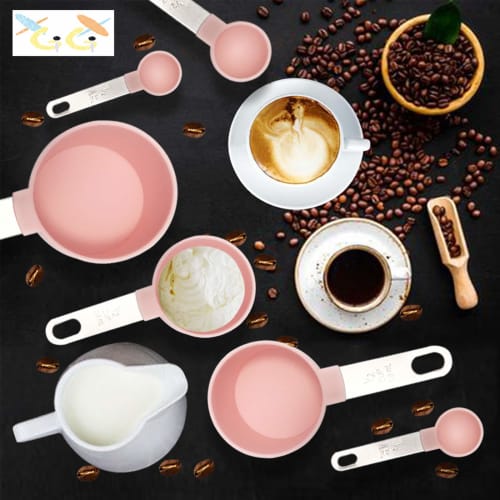 XGiGiX 8-Piece Pink Measuring Cup and Measuring Spoon Set with Stainless Steel Handles, Cute Pink Cups, and 2 Kitchen Tool Hooks