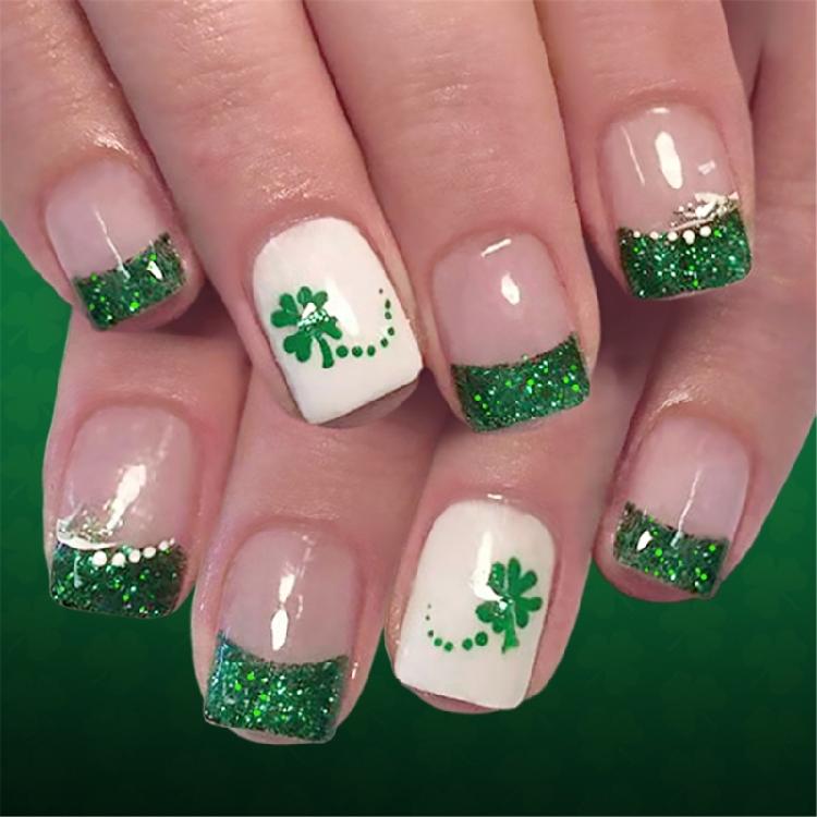 

Pack of 24 Comfortable ABS Short Fake Nail Light Green Leaf Glitters Design Artificial Nail for Daily Use Women 1
