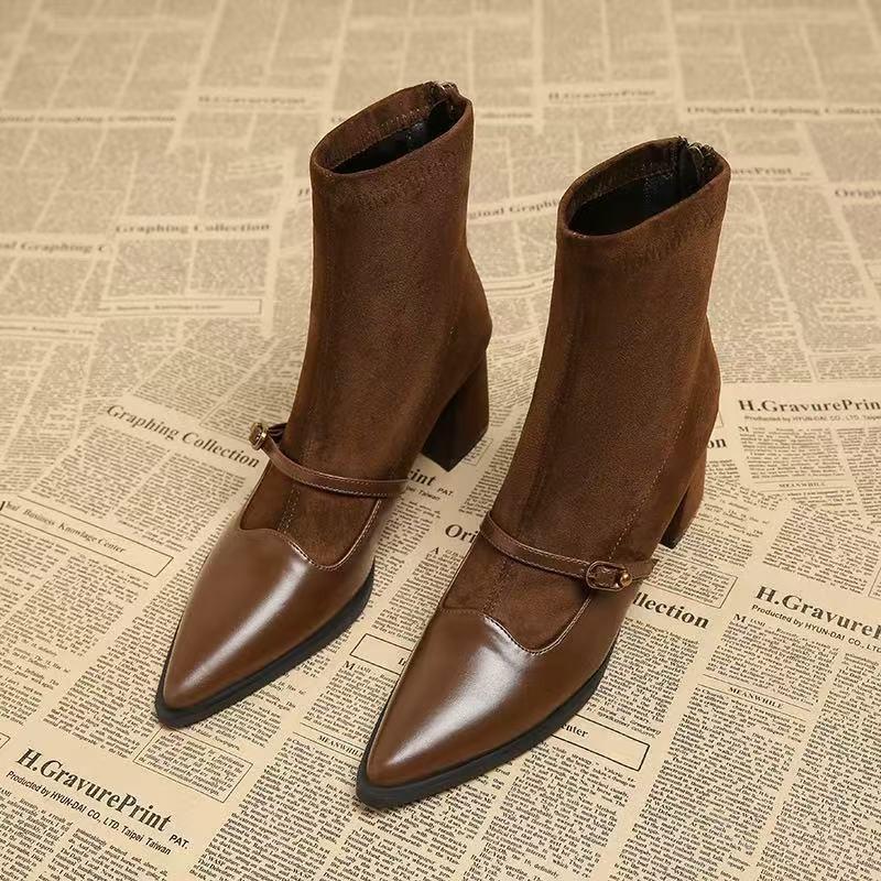 Autumn and winter new short boots French retro pointed one-word buckle thick heel fashion boots women's medium tube suede spell