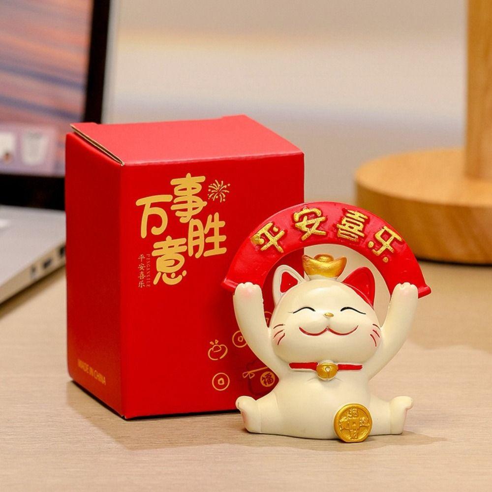 Resin Maneki Neko Miniature Figure Chinese Style Fortune Cat Car Interior Ornament  Spring Festival