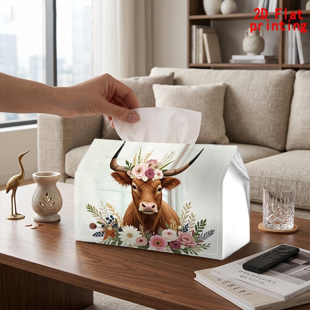 2D Flat 1pc, Tissue Box. Cow Wreath Pattern Napkin Paper Dispenser, Reusable, Daily Desktop Tissue Storage Box, Suitable for Kitchen Living Room Bedro