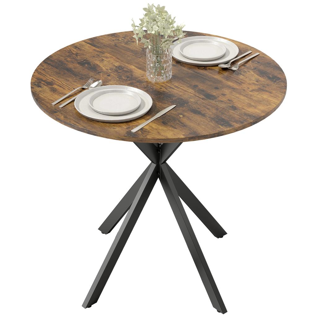 Round Dining Table for 2 People with Wood-Look Top and Crossed Steel Legs, Rustic Brown