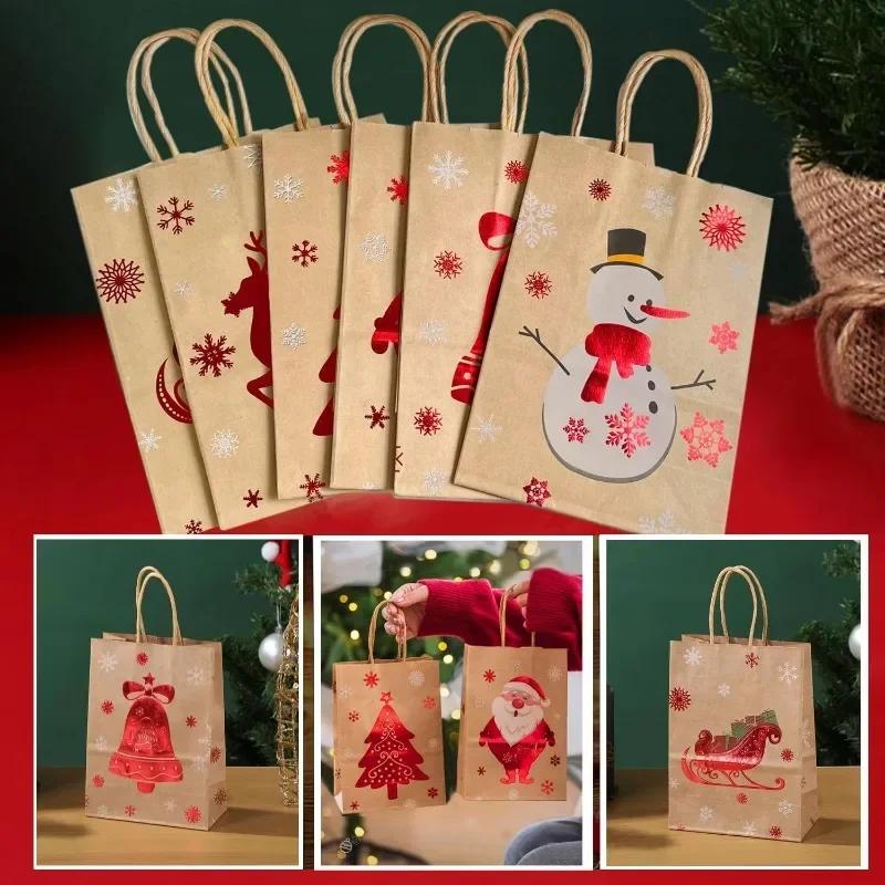 Christmas Kraft Paper Bag Candy Gifts Packaging Handbags Santa Claus Snowman Pattern Merry Christmas Home New Year Party Decor