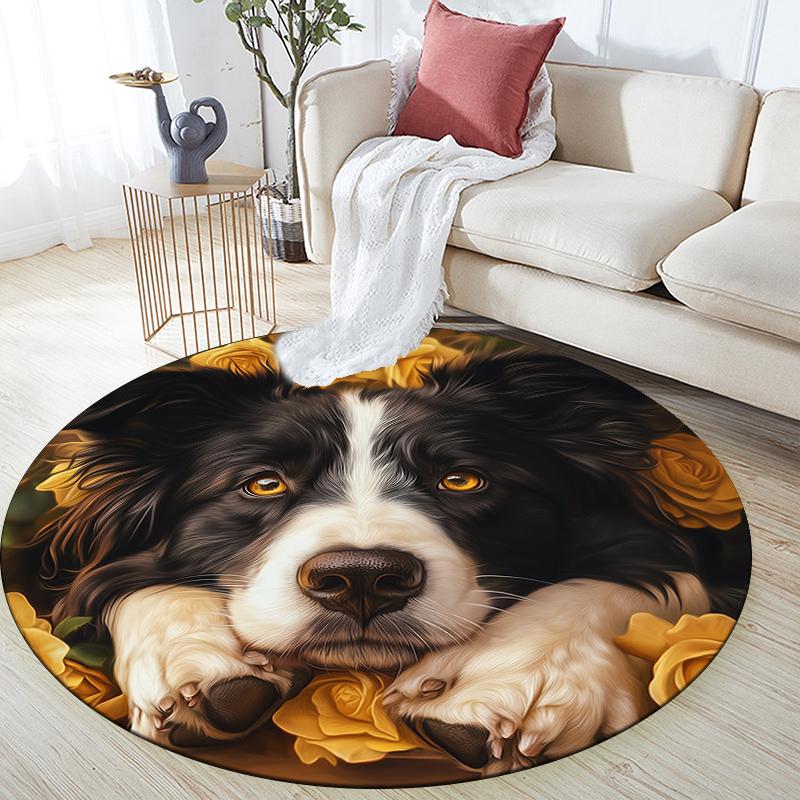 Runder Teppich mit Muster von Border Collie und frischen Blumen, Teppich für Wohnzimmer, Schlafzimmer, Spielzimmer, rutschfeste Fußmatte, Feiertagsgeschenke und Geburtstagsgeschenke.