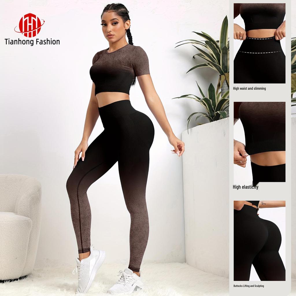 Zestaw do jogi bez szwu: Top z krótkim rękawem i legginsy podnoszące biodra dla kobiet