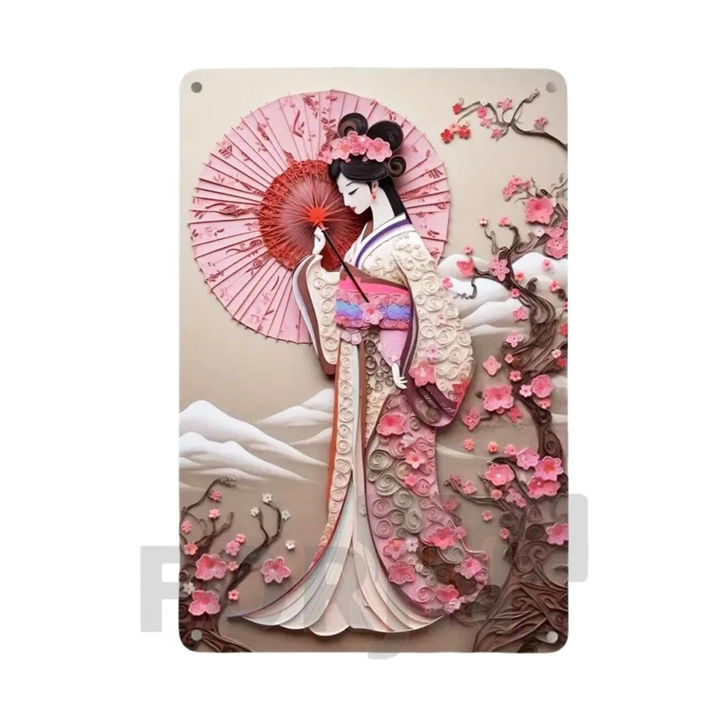 2D Japanisches Kunstposter Kimono Kirschblüten, elegantes Retro Geisha Metallschild, Zuhause, Zimmer, Büro, Izakaya, Café, Studio Wanddekor