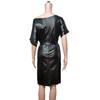New Fashion Faux Leather Dress - Elastic Diagonal Neck & Batwing Short Sleeve