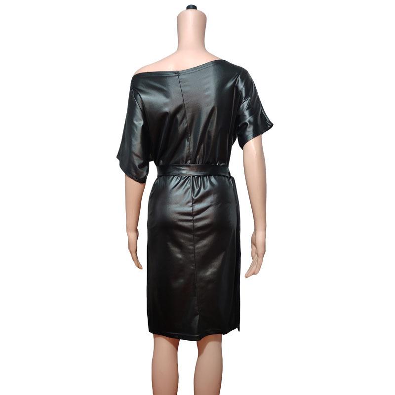 New Fashion Faux Leather Dress - Elastic Diagonal Neck & Batwing Short Sleeve